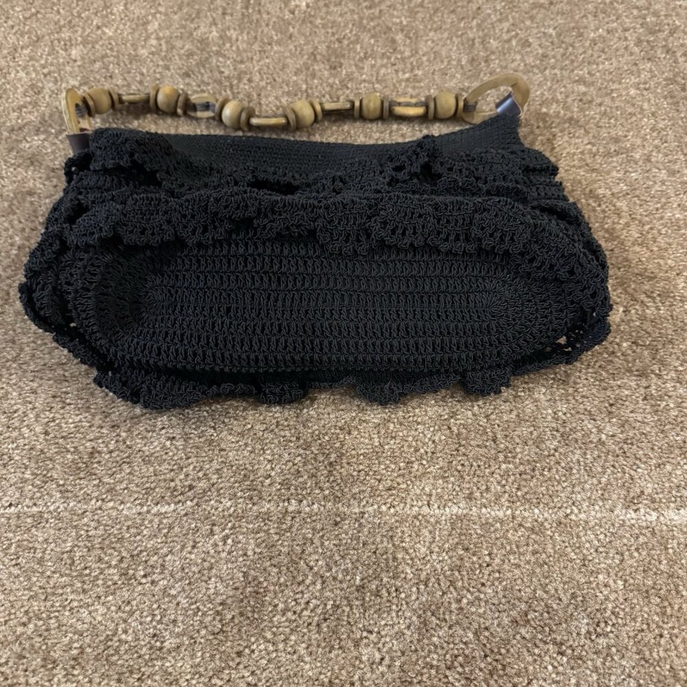 Cappelli Black Crochet Shoulder Bag With Wooden Beaded Handle Lined Interior & Z - Picture 8 of 10